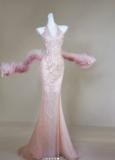 Halter Mermaid Long Prom Dresses, Tulle Rhinestone Pink Birthday Dresses HZ1024