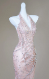 Halter Mermaid Long Prom Dresses, Tulle Rhinestone Pink Birthday Dresses HZ1024