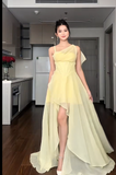 Spaghetti Straps Sheath Hi-Lo Birthday Dresses, Chiffon Yellow Formal Dresses HZ1024