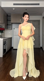 Spaghetti Straps Sheath Hi-Lo Birthday Dresses, Chiffon Yellow Formal Dresses HZ1024