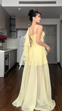 Spaghetti Straps Sheath Hi-Lo Birthday Dresses, Chiffon Yellow Formal Dresses HZ1024