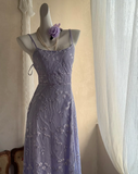 Spaghetti Strap Sheath Prom Dresses,Lace Purple Long Formal Dresses HZ1024
