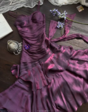 Spaghetti Strap Sheath Long Prom Dresses with Ruffles Dark Purple Formal Dresses HZ1024