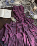 Spaghetti Strap Sheath Long Prom Dresses with Ruffles Dark Purple Formal Dresses HZ1024
