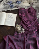 Spaghetti Strap Sheath Long Prom Dresses with Ruffles Dark Purple Formal Dresses HZ1024