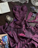 Spaghetti Strap Sheath Long Prom Dresses with Ruffles Dark Purple Formal Dresses HZ1024
