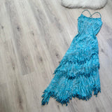 Spaghetti Strap Sheath Prom Dresses Chiffon Beaded Blue Formal Dresses HZ1024
