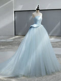 Satin Tulle Blue Long Prom Dress, Blue Long Formal Dress HZ1024