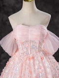 Off Shoulder Tulle Lace Pink Long Prom Dress, Pink Sweet 16 Dress HZ1024