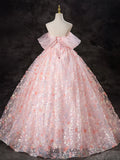 Off Shoulder Tulle Lace Pink Long Prom Dress, Pink Sweet 16 Dress HZ1024
