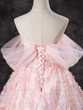 Off Shoulder Tulle Lace Pink Long Prom Dress, Pink Sweet 16 Dress HZ1024