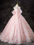 Off Shoulder Tulle Lace Pink Long Prom Dress, Pink Sweet 16 Dress HZ1024