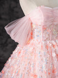 Off Shoulder Tulle Lace Pink Long Prom Dress, Pink Sweet 16 Dress HZ1024