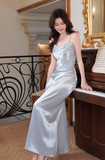 Spaghetti Strap Sheath Long Prom Dresses Satin Blue Formal Dresses HZ1024