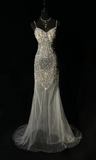 Spaghetti Strap Mermaid Long Prom Dresses Chiffon Beaded Grey Formal Dresses HZ1024
