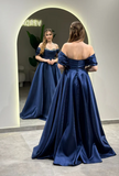 Off-Shoulder A-Line Long Prom Dresses Satin Navy Blue Evening Dresses HZ1024