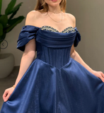 Off-Shoulder A-Line Long Prom Dresses Satin Navy Blue Evening Dresses HZ1024