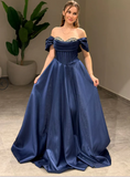Off-Shoulder A-Line Long Prom Dresses Satin Navy Blue Evening Dresses HZ1024