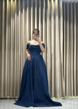 Off-Shoulder A-Line Long Prom Dresses Satin Navy Blue Evening Dresses HZ1024