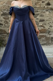 Off-Shoulder A-Line Long Prom Dresses Satin Navy Blue Evening Dresses HZ1024