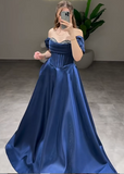 Off-Shoulder A-Line Long Prom Dresses Satin Navy Blue Evening Dresses HZ1024