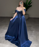 Off-Shoulder A-Line Long Prom Dresses Satin Navy Blue Evening Dresses HZ1024