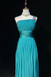 One-Shoulder Sheath Pleated Long Prom Dresses Chiffon Turquoise Evening Dresses HZ1024