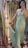 V-neck Mermaid Long Prom Dresses Beaded Chiffon Soft Green Evening Dresses HZ1024