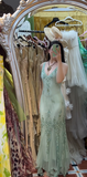 V-neck Mermaid Long Prom Dresses Beaded Chiffon Soft Green Evening Dresses HZ1024