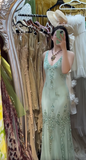 V-neck Mermaid Long Prom Dresses Beaded Chiffon Soft Green Evening Dresses HZ1024