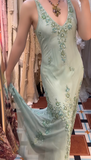 V-neck Mermaid Long Prom Dresses Beaded Chiffon Soft Green Evening Dresses HZ1024