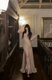 Spaghetti Strap Sheath Long Prom Dresses with Slits Gold Backless Evening Dresses HZ1024