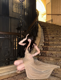 Spaghetti Strap Sheath Long Prom Dresses with Slits Gold Backless Evening Dresses HZ1024