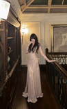 Spaghetti Strap Sheath Long Prom Dresses with Slits Gold Backless Evening Dresses HZ1024