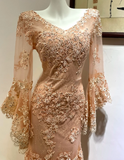 V-neck Memaid Long Prom Dresses Long Sleeve Chiffon Applique Champagne Evening Dresses HZ1024