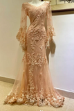 V-neck Memaid Long Prom Dresses Long Sleeve Chiffon Applique Champagne Evening Dresses HZ1024