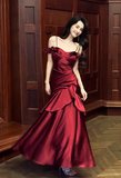 Spaghetti Strap Sheath Long Prom Dresses Satin Ruffle Burgundy Formal Dresses HZ1024