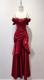 Spaghetti Strap Sheath Long Prom Dresses Satin Ruffle Burgundy Formal Dresses HZ1024