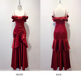 Spaghetti Strap Sheath Long Prom Dresses Satin Ruffle Burgundy Formal Dresses HZ1024