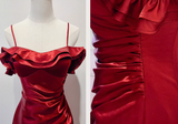 Spaghetti Strap Sheath Long Prom Dresses Satin Ruffle Burgundy Formal Dresses HZ1024