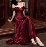 Spaghetti Strap Sheath Long Prom Dresses Satin Ruffle Burgundy Formal Dresses HZ1024