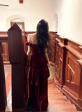 Spaghetti Strap Sheath Long Prom Dresses Satin Ruffle Burgundy Formal Dresses HZ1024