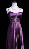 Spaghetti Strap Sheath Long Prom Dresses with Pleats Vintage Dark Purple Formal Dresses HZ1024