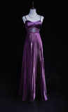 Spaghetti Strap Sheath Long Prom Dresses with Pleats Vintage Dark Purple Formal Dresses HZ1024