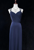 V-neck Sheath Long Prom Dresses Vintage Navy Blue Open Back Formal Dresses HZ1024