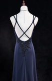 V-neck Sheath Long Prom Dresses Vintage Navy Blue Open Back Formal Dresses HZ1024