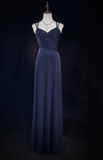 V-neck Sheath Long Prom Dresses Vintage Navy Blue Open Back Formal Dresses HZ1024