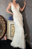 V-neck Sheath Long Prom Dresses Lace Beading White Formal Dresses HZ1024