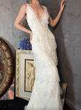 V-neck Sheath Long Prom Dresses Lace Beading White Formal Dresses HZ1024