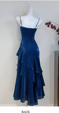 Spaghetti Strap Sheath Blue Long Prom Dresses with Ruffles, Satin Blue Formal Dresses HZ1024